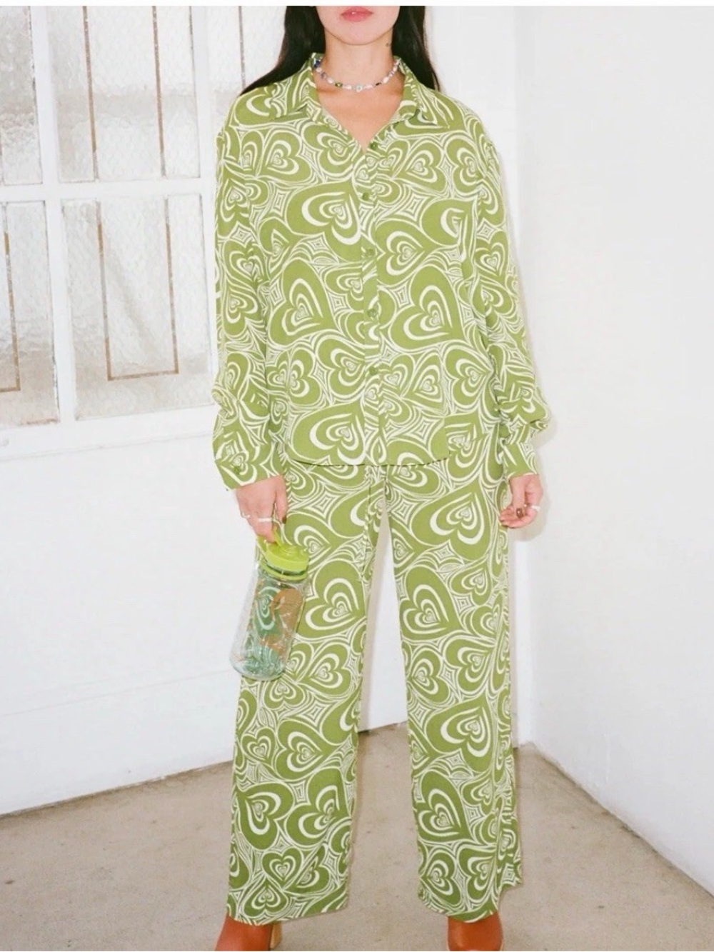 Lisa Says Gah Bailey Set Wild Hearts Green Retro Mod Lounge Groovy Pants Top M
